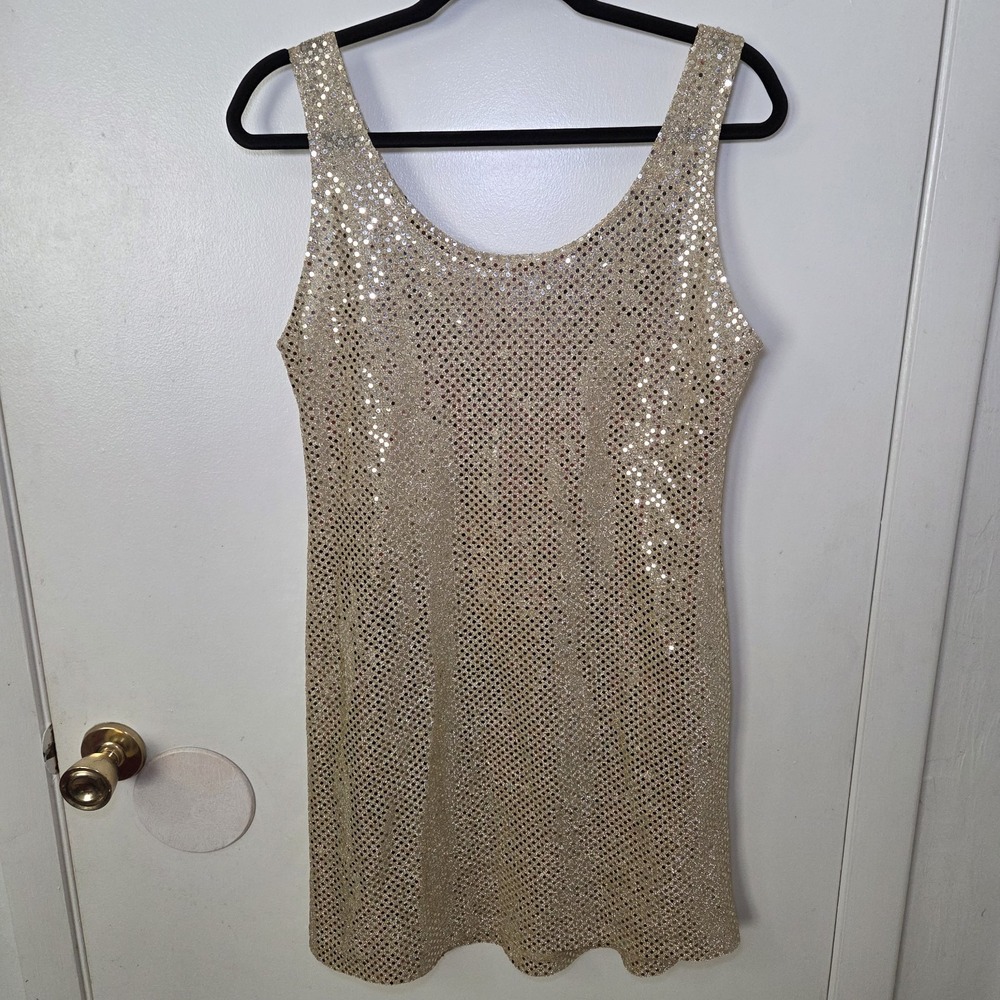 Frederick's of Hollywood Gold Sequin Mini Dress Size L Stretch Bodycon Party
